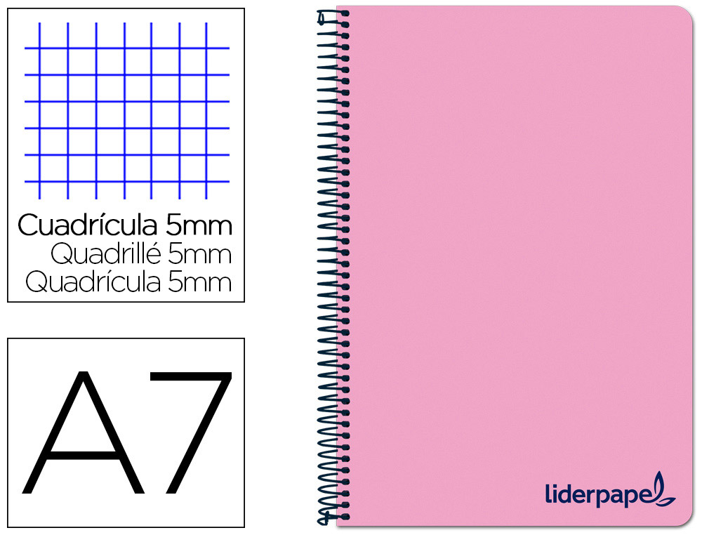 CADERNO ESPIRAL LIDERPAPEL WONDER MICRO DIN A7 CAPA PLASTICO 100 F 90 GR QUADRICULA 5MM 4 BANDAS DE CORES COR ROSA