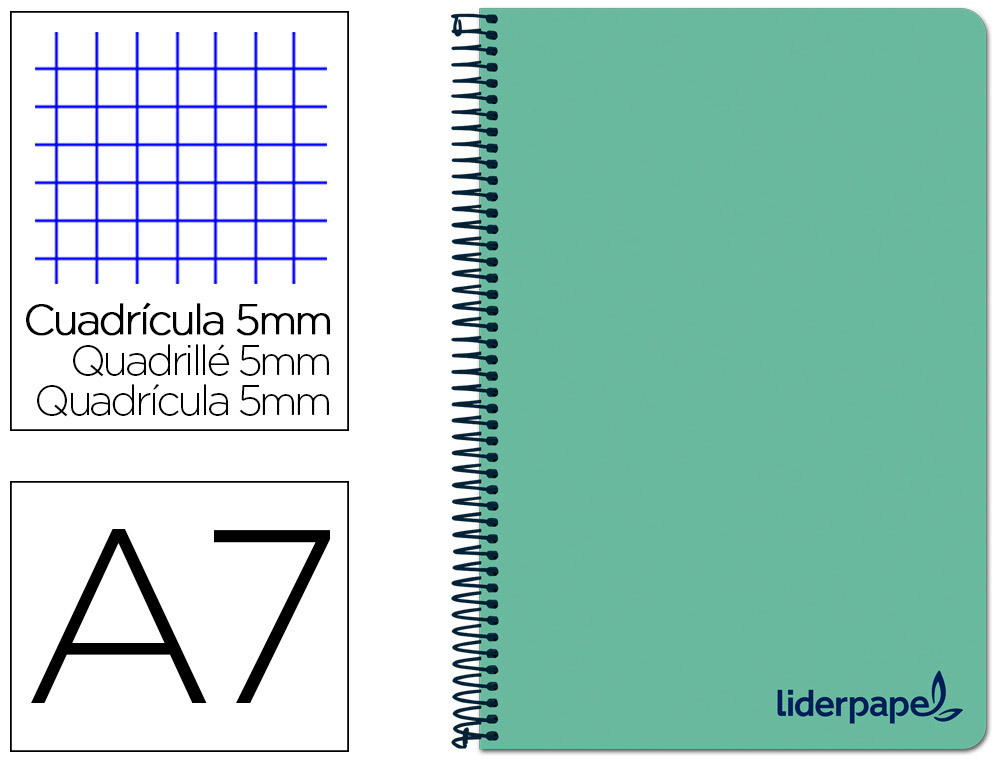 CADERNO ESPIRAL LIDERPAPEL WONDER MICRO DIN A7 CAPA PLASTICO 100 F 90 GR QUADRICULA 5MM 4 BANDAS DE CORES COR VERDE