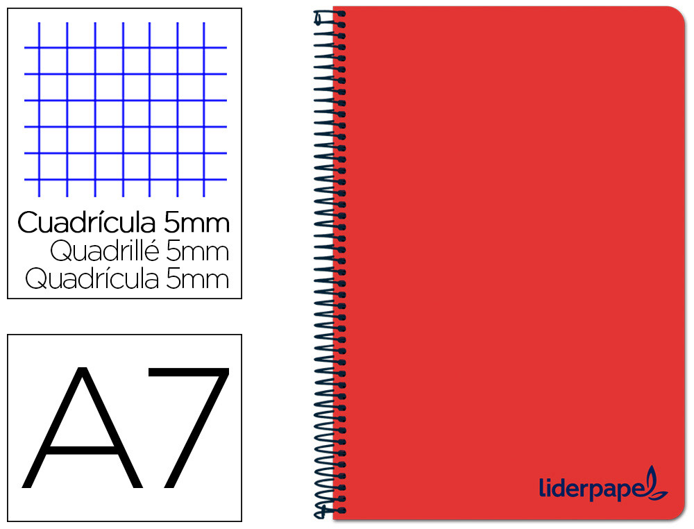 CADERNO ESPIRAL LIDERPAPEL WONDER MICRO DIN A7 CAPA PLASTICO 100 F 90 GR QUADRICULA 5MM 4 BANDAS DE CORES COR VERMELHO