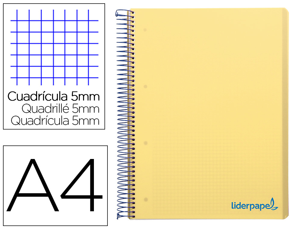 CADERNO ESPIRAL LIDERPAPEL WONDER MICRO DIN A4 CAPA PLASTICO 120 F 90 GR QUADRICULA 5 MM 5 BANDAS DE CORES 4 FUROS AMARE