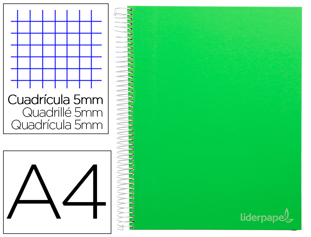 CADERNO ESPIRAL LIDERPAPEL JOLLY MICRO DIN A4 CAPA FORRADA 140 F 75 GR QUADRICULA 5MM 5 BANDAS DE CORES 4 FUROS COR VERD