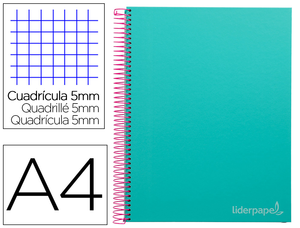 CADERNO ESPIRAL LIDERPAPEL JOLLY MICRO DIN A4 CAPA FORRADA 140 F 75 GR QUADRICULA 5MM 5 BANDAS DE CORES 4 FUROS COR TURQ