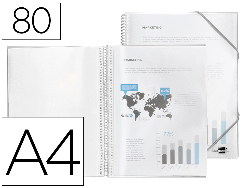 CAPA CATALOGO LIDERPAPEL COM ESPIRAL 80 BOLSAS POLIPROPILENO DIN A4 TRANSPARENTE