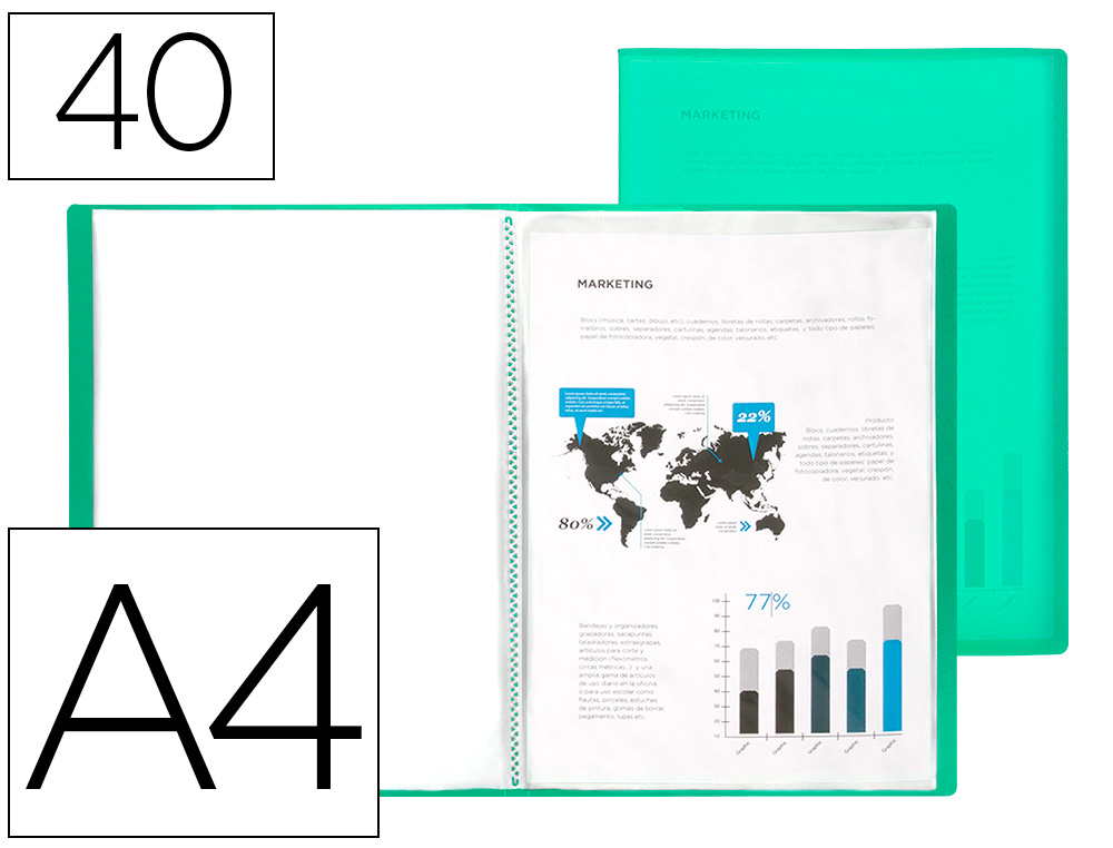 CAPA CATALOGO LIDERPAPEL 40 BOLSAS POLIPROPILENO DIN A4 VERDE TRANSLUCIDO