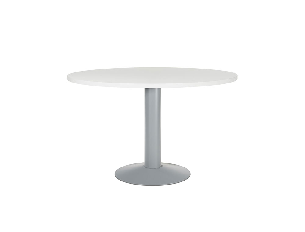 MESA DE REUNIAO ROCADA MEETING 3006AT04 ESTRUTURA COLUNA ACO CINZA TABULEIRO EM MADEIRA BRANCO 120 CM DIAMETRO
