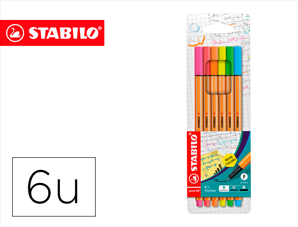 MARCADOR STABILO PONTA DE FIBRA POINT 88 BLISTER 6 CORES SORTIDAS NEON