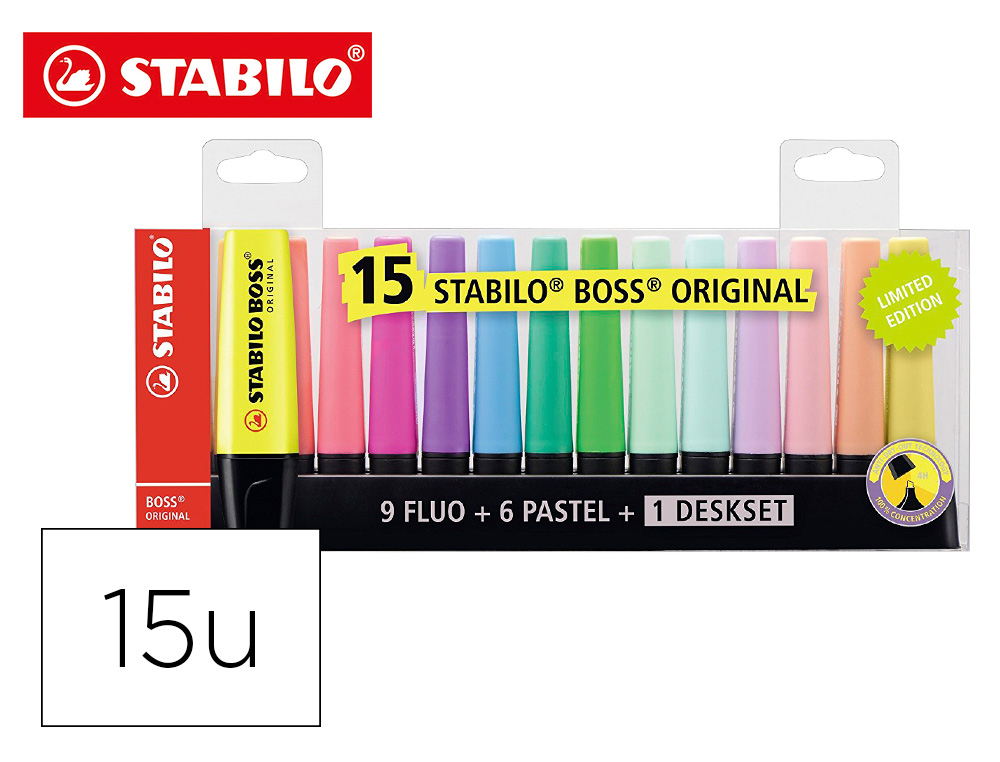 MARCADOR FLUORESCENTE STABILO BOSS 70 BLISTER DE 15 UNIDADES CORES SORTIDAS