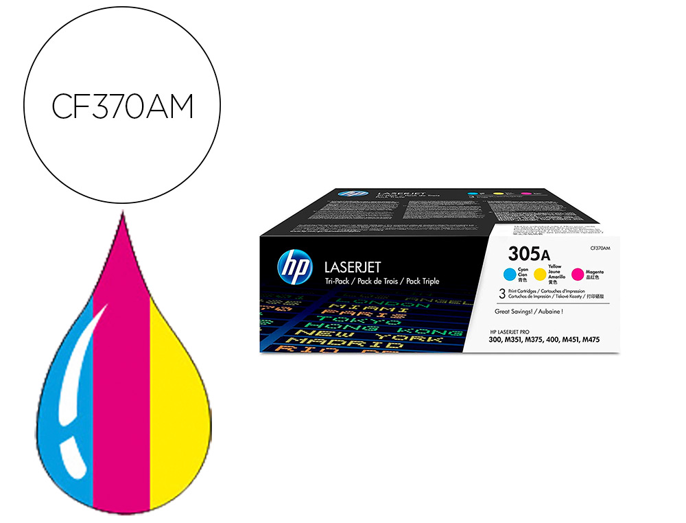 TONER HP 305A LASERJET PRO 300 / M351 / 400 / M451 / MFP M375 / MFP M475 PACK COR AMARELO CIAN MAGENTA 2600