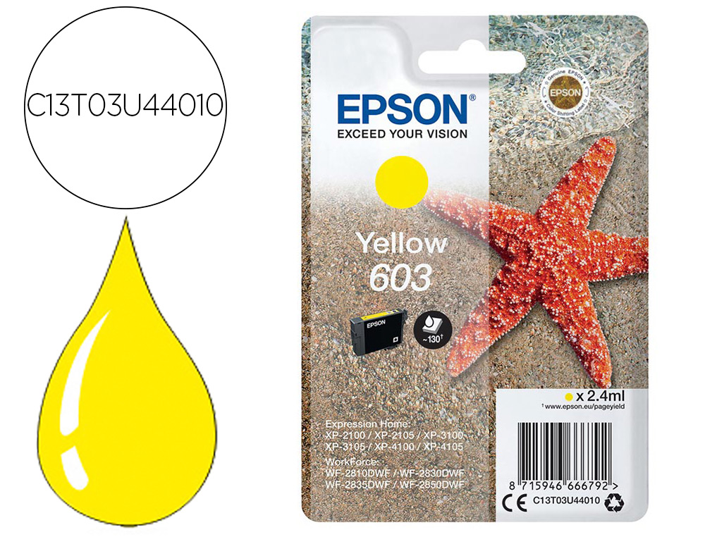 TINTEIRO EPSON 603 XP-2100 / 2105 / 3100 / 4100 / WF-2810 / 2830 / 2835 / 2850 AMARELO 130 PAGINAS