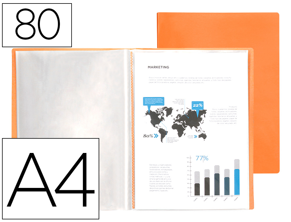 CAPA CATALOGO LIDERPAPEL 80 BOLSAS POLIPROPILENO DIN A4 LARANJA FLUOR OPACO