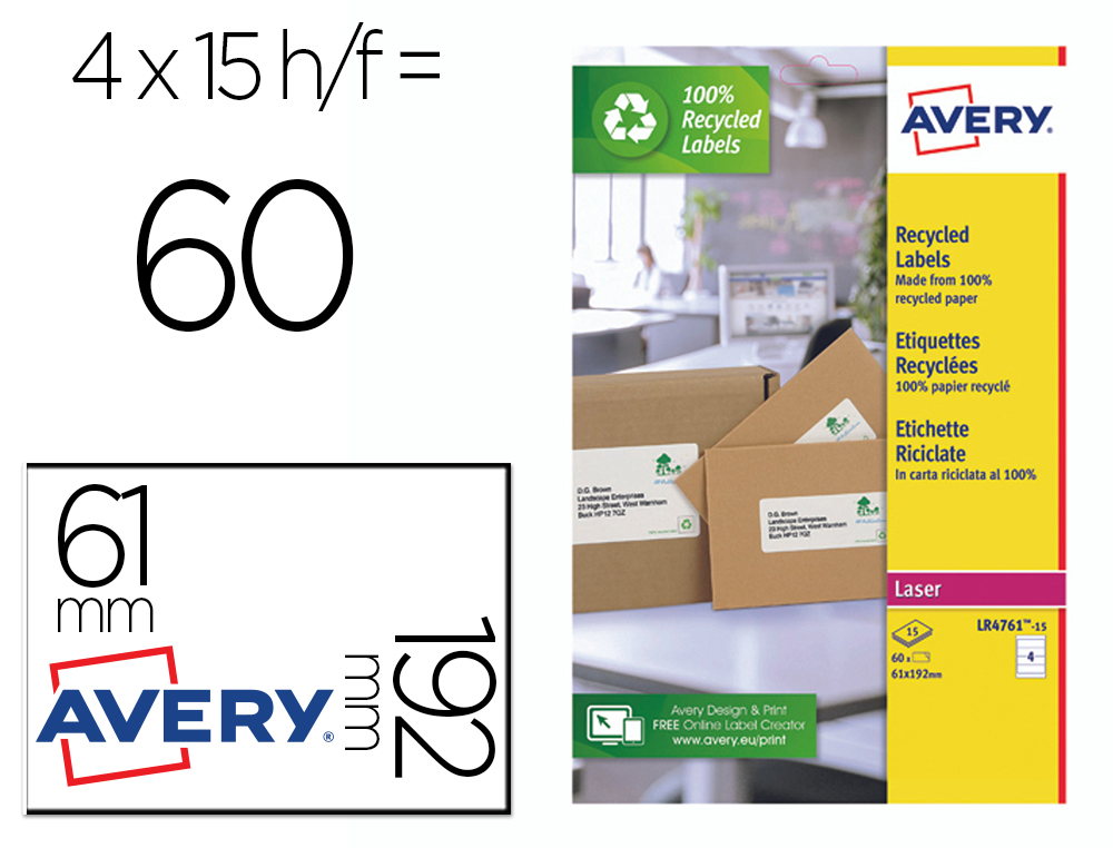 ETIQUETA ADESIVA AVERY PAPEL BRANCO RECICLADO 192X61 MM LASER PACK DE 400 ETIQUETAS