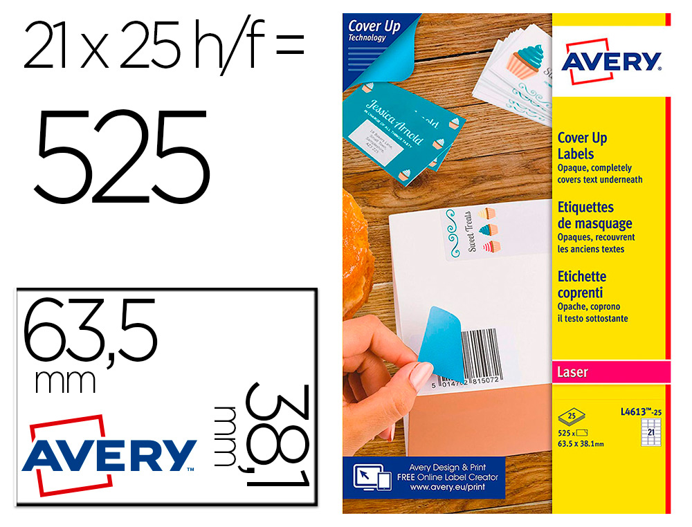 ETIQUETA ADESIVA AVERY PERMANENTE PARA IMPRESSORA LASER BRANCA 63,5X38,1 MM CAIXA DE 525 UNIDADES