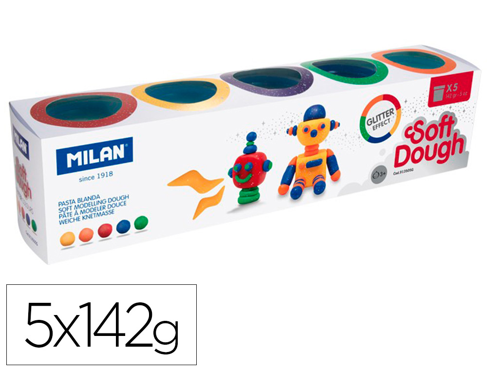 PLASTICINA MILAN PARA MODELAR SOFT DOUGH GLITTER CAIXA DE 5 FRASCOS CORES SORTIDAS 142 G