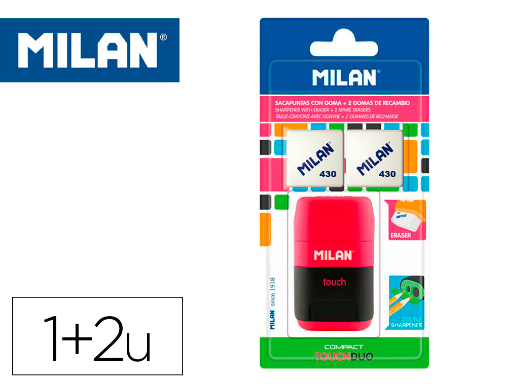 APARA LAPIS MILAN COMPACT TOUCH DUO PLASTICO 2 USOS COM BORRACHA + 2 RECARGAS DE BORRACHA