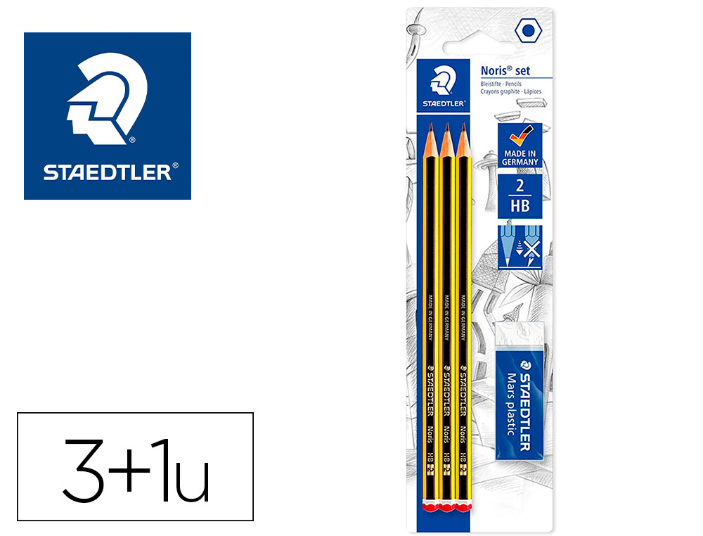 LAPIS DE GRAFITE STAEDTLER NORIS N2 HB BLISTER DE 3 UNIDADES + 1 BORRACHA MARS PLASTIC