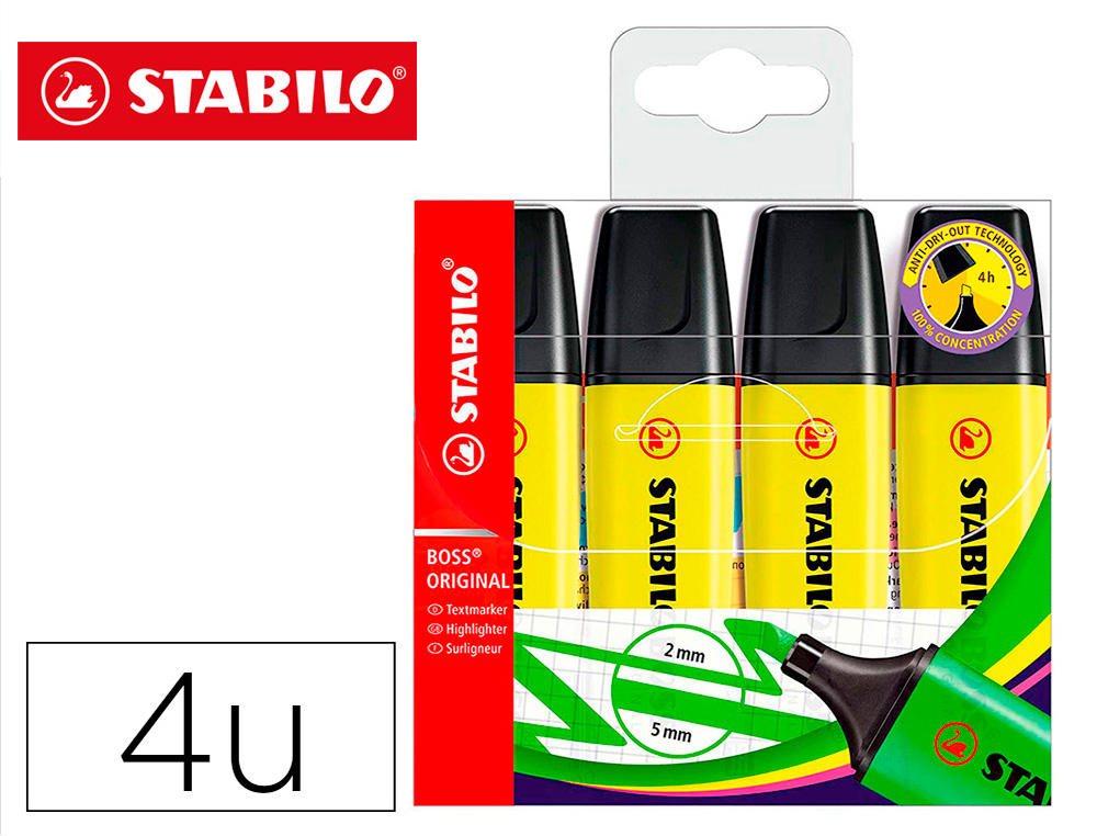 MARCADOR FLUORESCENTE STABILO BOSS 70 AMARELO ESTOJO DE 4 UNIDADES