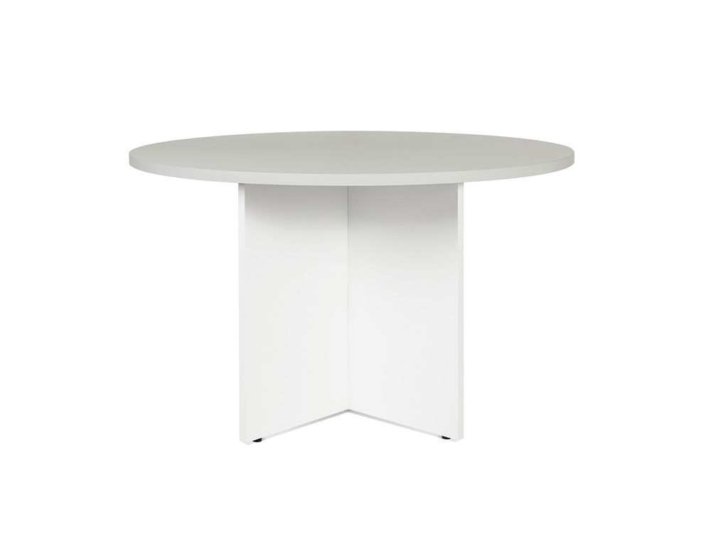 MESA DE REUNIOES ROCADA REDONDA 3006AW02 ESTRUTURA MADEIRA SOBRE LAMINAS COR BRANCO TABULEIRO CINZA 120CM DIAMETRO