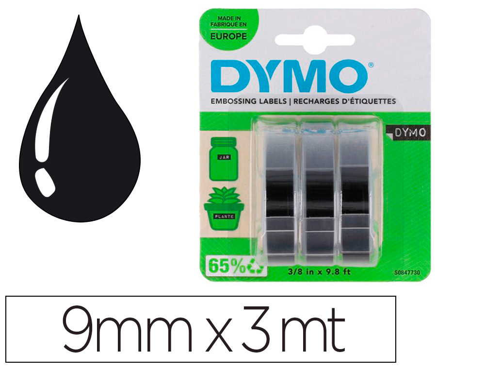 FITA DYMO 3D 9MM X 3MT PARA ETIQUETADORA OMEGA/JUNIOR COR PRETO BLISTER 3 UNIDADES