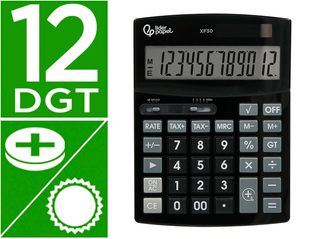 CALCULADORA LIDERPAPEL DE SECRETARIA XF30 12 DIGITOS TAXAS SOLAR E PILHAS COR PRETO 190X140X25 MM