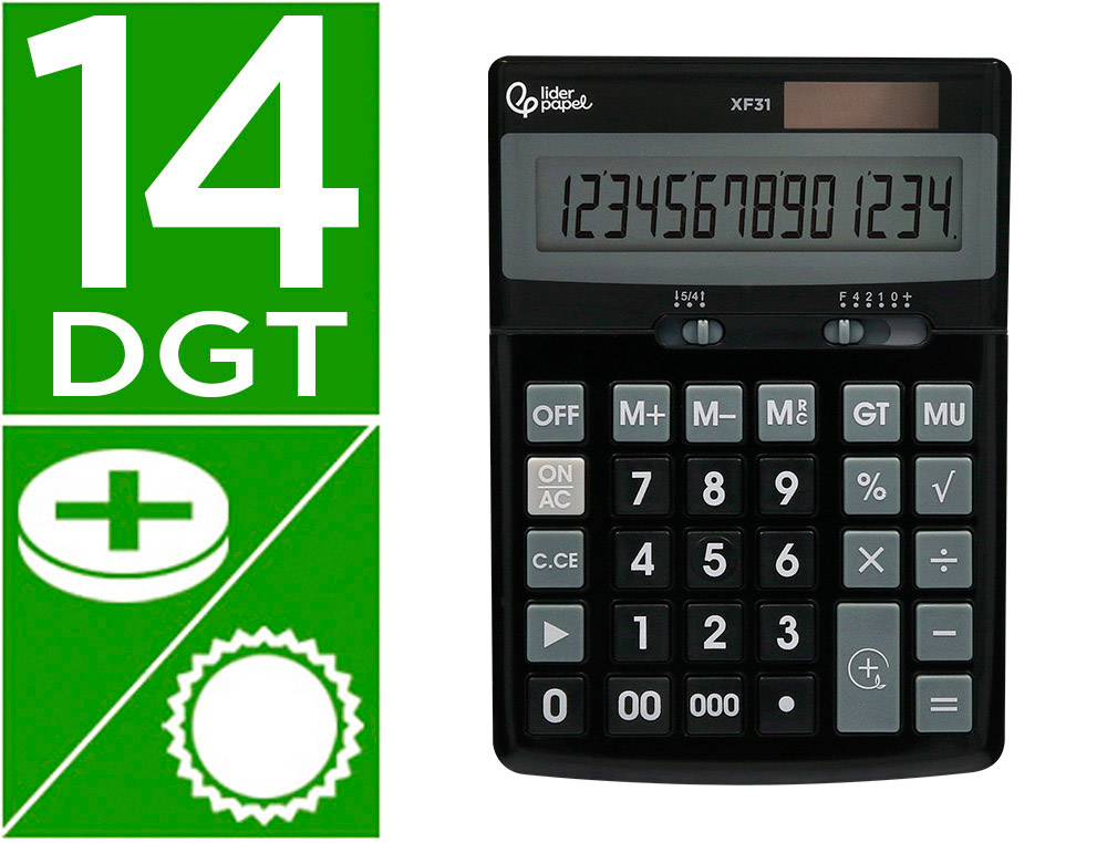 CALCULADORA LIDERPAPEL DE SECRETARIA XF31 14 DIGITOS SOLAR E PILHAS COR PRETO 170X122X35 MM