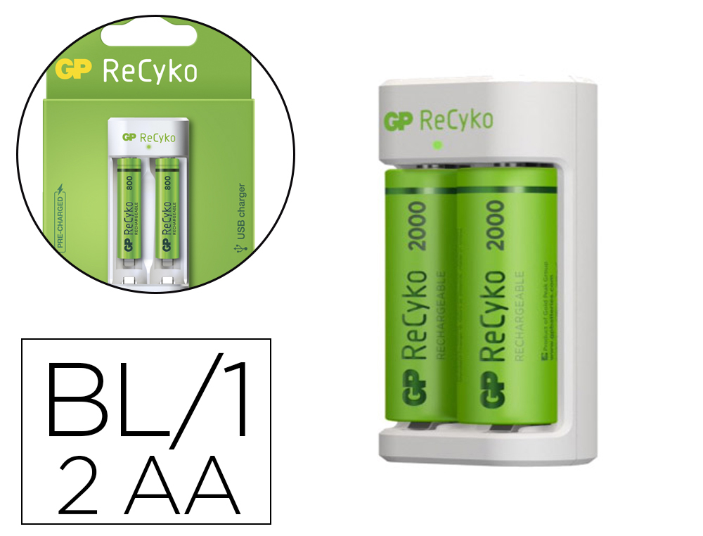 CARREGADOR PARA PILHAS RECARREGAVEIS GP AA/AAA INCLUI 2 PILHAS AA 2100 MAH ENTRADA USB