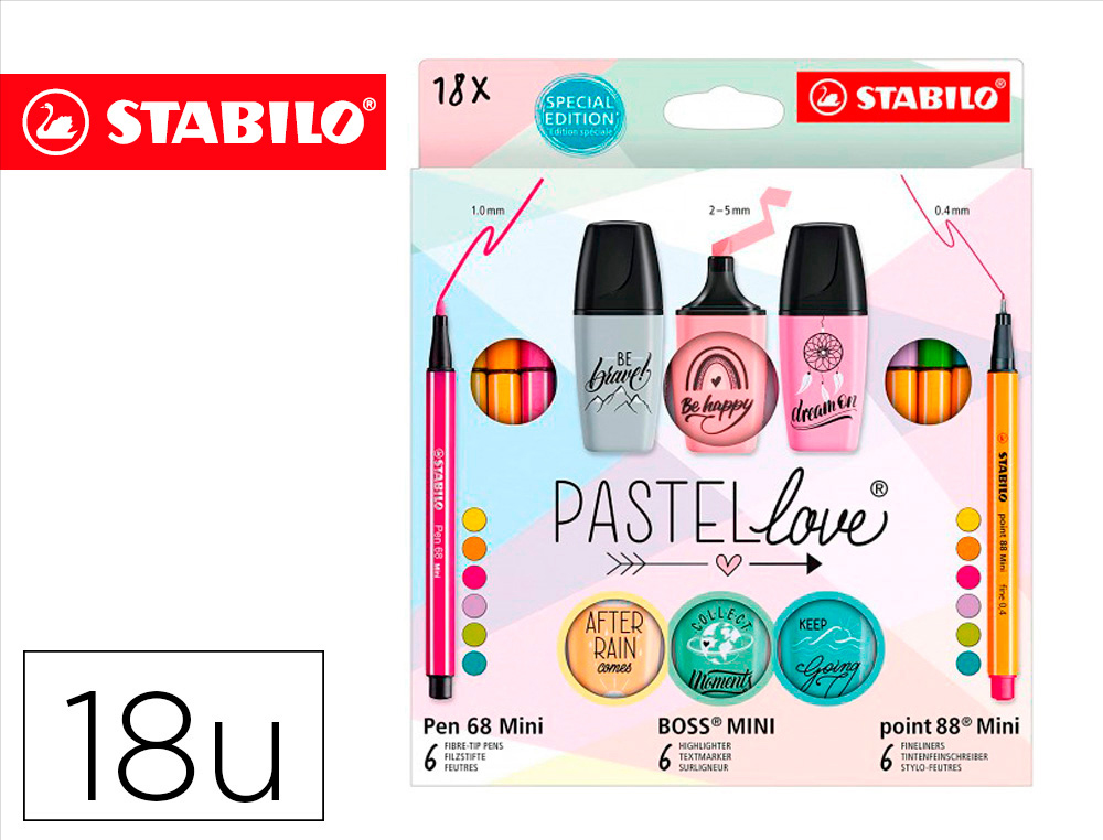 CONJUNTO STABILO PASTEL LOVE MINI WORLD PEN 68 / POINT 88 / BOSS 18 UNIDADES SORTIDAS