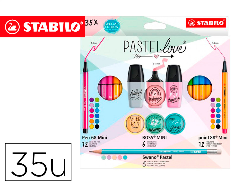 CONJUNTO STABILO PASTEL LOVE MINI WORLD PEN 68 / POINT 88 / BOSS / SWANO 35 UNIDADES SORTIDAS