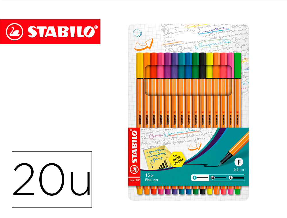 MARCADOR STABILO PONTA DE FIBRA POINT 88 ESTOJO DE 15 UNIDADES CORES SORTIDAS + 5 CORES NEON