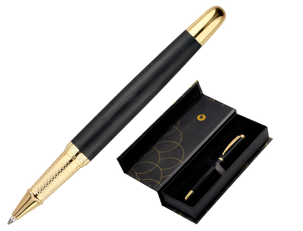 ESFEROGRAFICA BELIUS PASSION DOR ALUMINIO TEXTURA ESCOVADO DESENHO PRETO E DOURADO TINTA AZUL CAIXA DESIGN