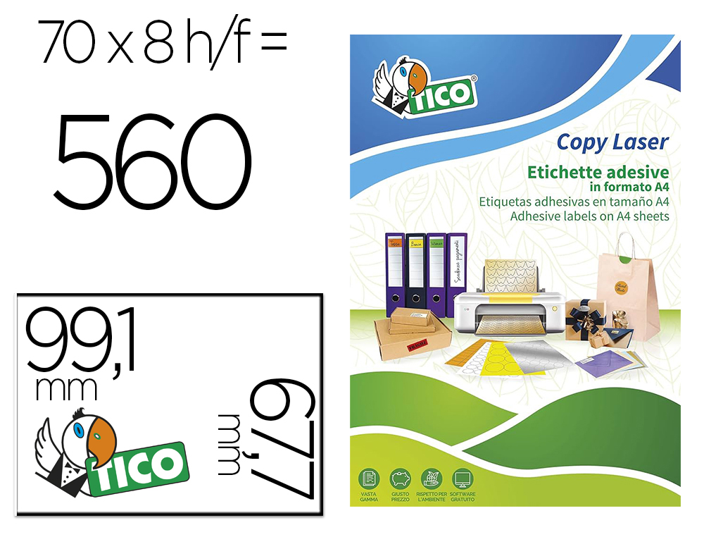 ETIQUETA ADESIVA TICO LARANJA FLUOR PERMANENTE CERTIFICADO FSC LASER/JATO TINTA/FOTOCOPIA 99,1X67,7 MM CAIXA 560 UDS