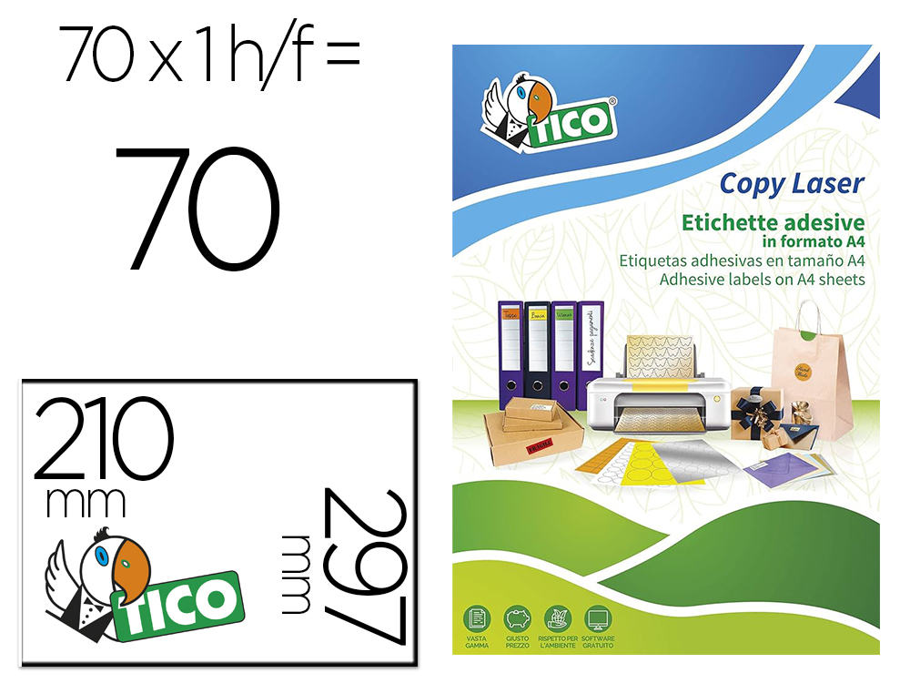 ETIQUETA ADESIVA TICO VERDE FLUOR PERMANENTE CERTIFICADO FSC LASER/JATO TINTA/FOTOCOPIA 210X297 MM CAIXA 70 UDS