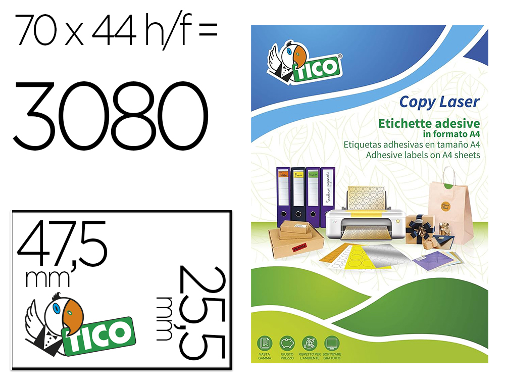 ETIQUETA ADESIVA TICO VERMELHO FLUOR PERMANENTE CERTIFICADO FSC LASER/JATO TINTA/FOTOCOPIA 47,5X25,5 MM CAIXA 3080 UDS