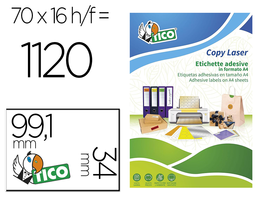 ETIQUETA ADESIVA TICO LARANJA FLUOR PERMANENTE CERTIFICADO FSC LASER/JATO TINTA/FOTOCOPIA 99,1X34 MM CAIXA 1120 UDS