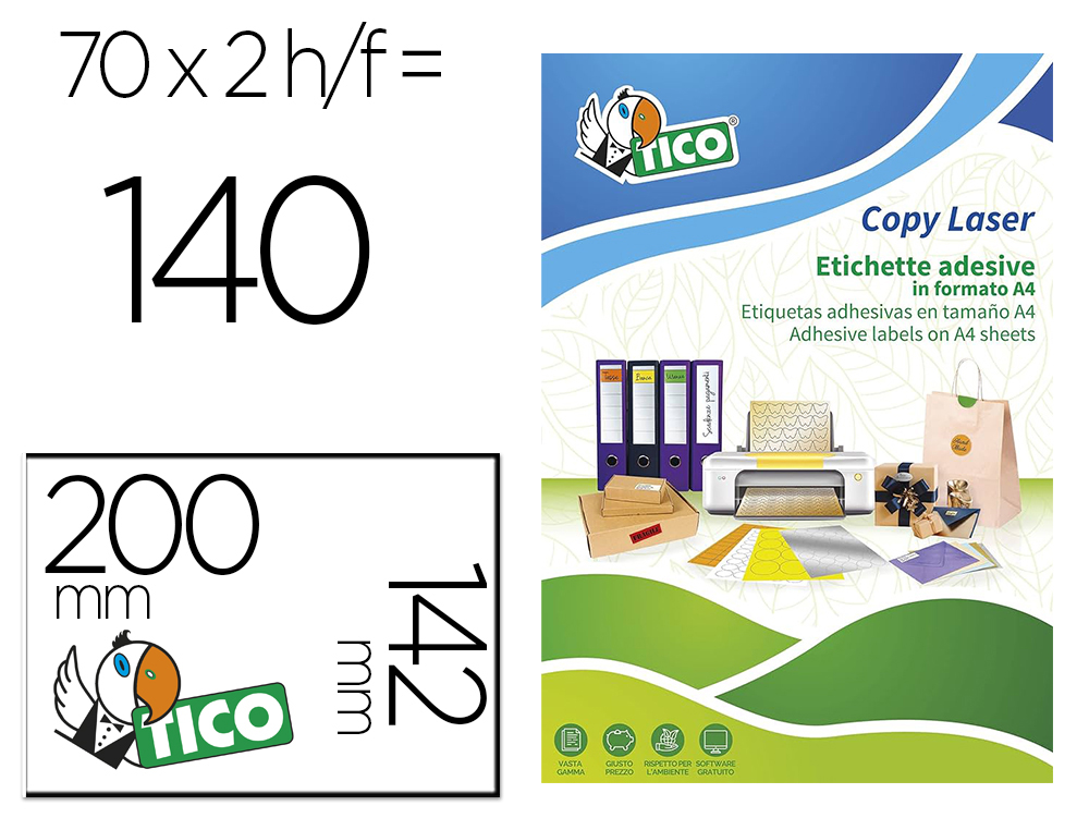 ETIQUETA ADESIVA TICO LARANJA FLUOR PERMANENTE CERTIFICADO FSC LASER/JATO TINTA/FOTOCOPIA 200X142 MM CAIXA 140 UDS