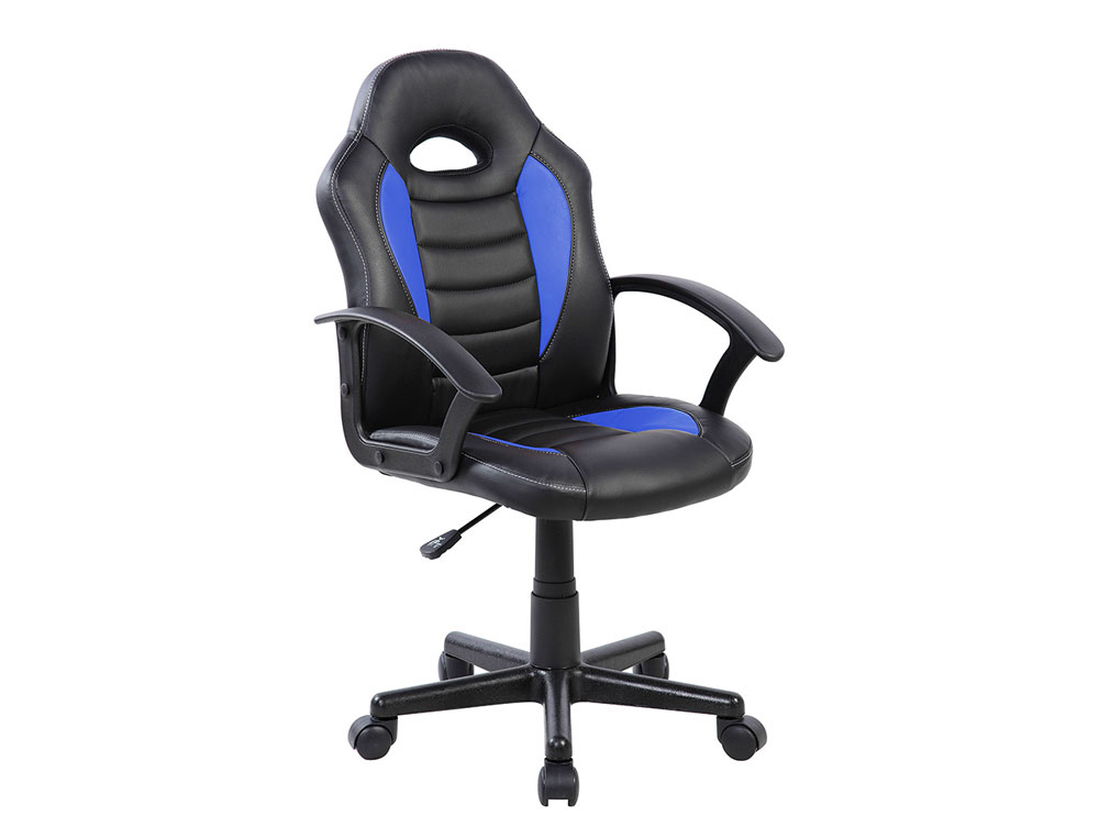 CADEIRA ROCADA GAMING BRACOS FIXOS BASE NYLON COM RODAS IMITACAO PELE PRETO/AZUL 435X430X880-995 MM