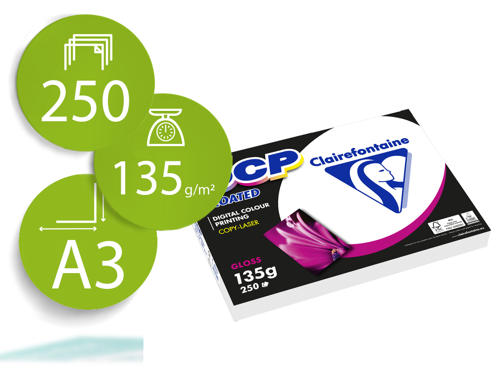 PAPEL FOTOCOPIA COLOR DCP COATED GLOSSY DIN A3 135 GR EMBALAGEM 250 FOLHAS