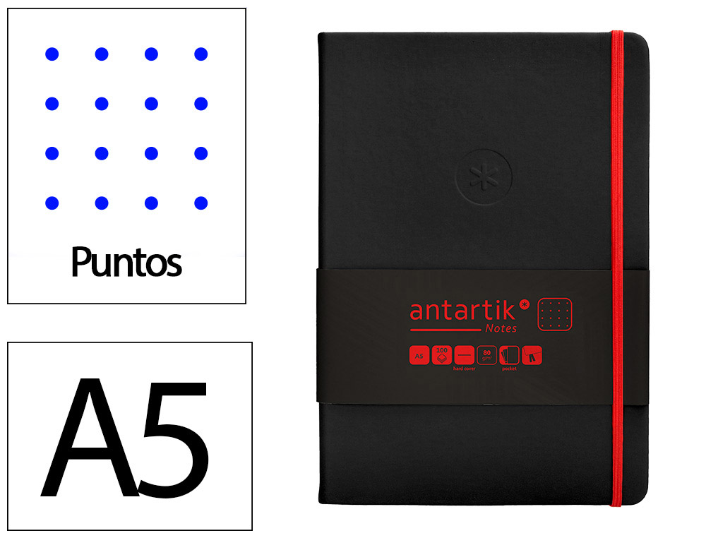 CADERNO COM ELASTICO ANTARTIK NOTES CAPA DURA A5 PONTILHADO PRETO E VERMELHO 100 FOLHAS 80 GR FSC