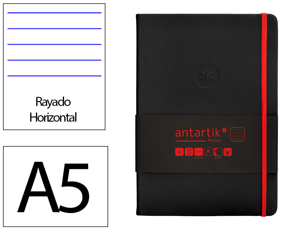 CADERNO COM ELASTICO ANTARTIK NOTES CAPA DURA A5 PAUTADO PRETO E VERMELHO 100 FOLHAS 80 GR FSC