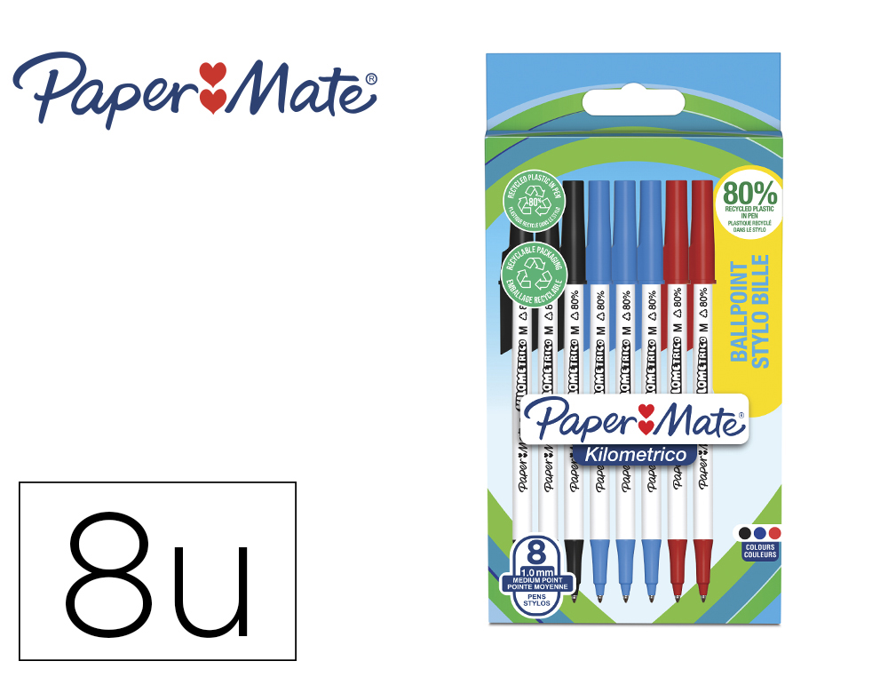 ESFEROGRAFICA PAPER MATE KILOMETRICA PONTA 1 MM PLASTICO RECICLADO 80% BLISTER DE 3 PRETAS / 3 AZUIS / 2 VERMELHAS