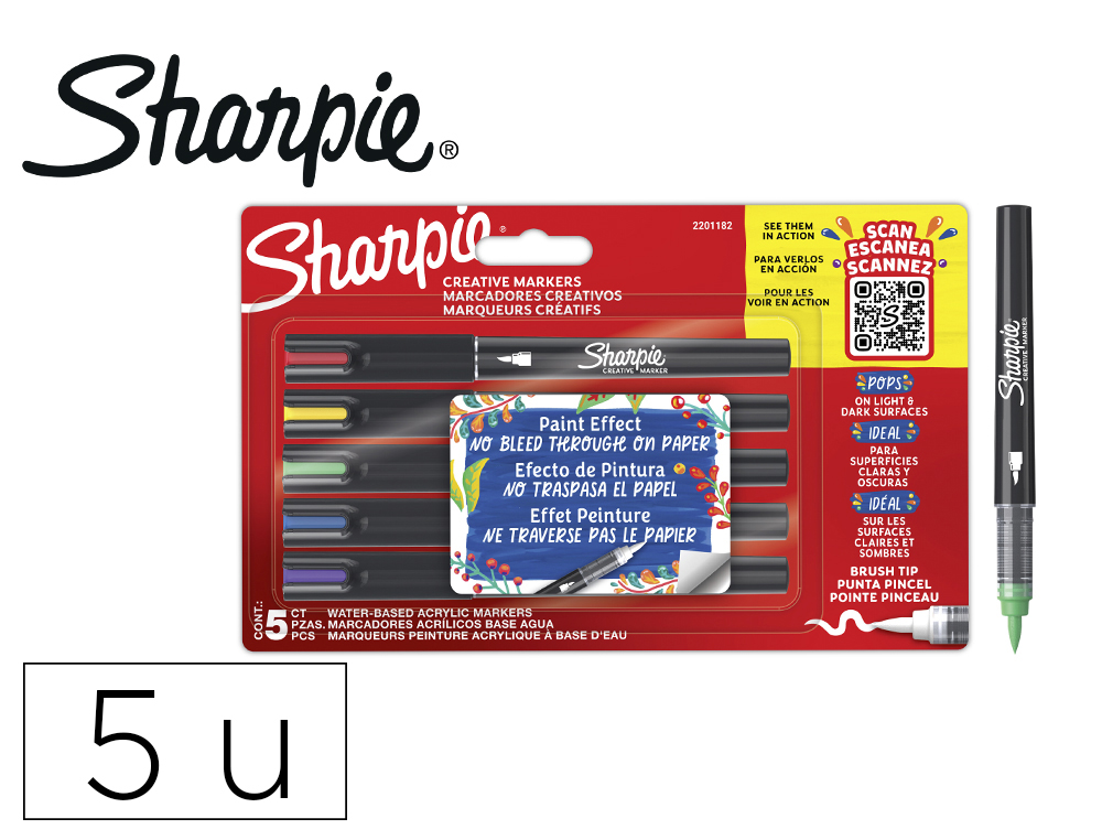 MARCADOR SHARPIE ACRYLIC PONTA PINCEL BLISTER DE 5 UNIDADES CORES SORTIDAS