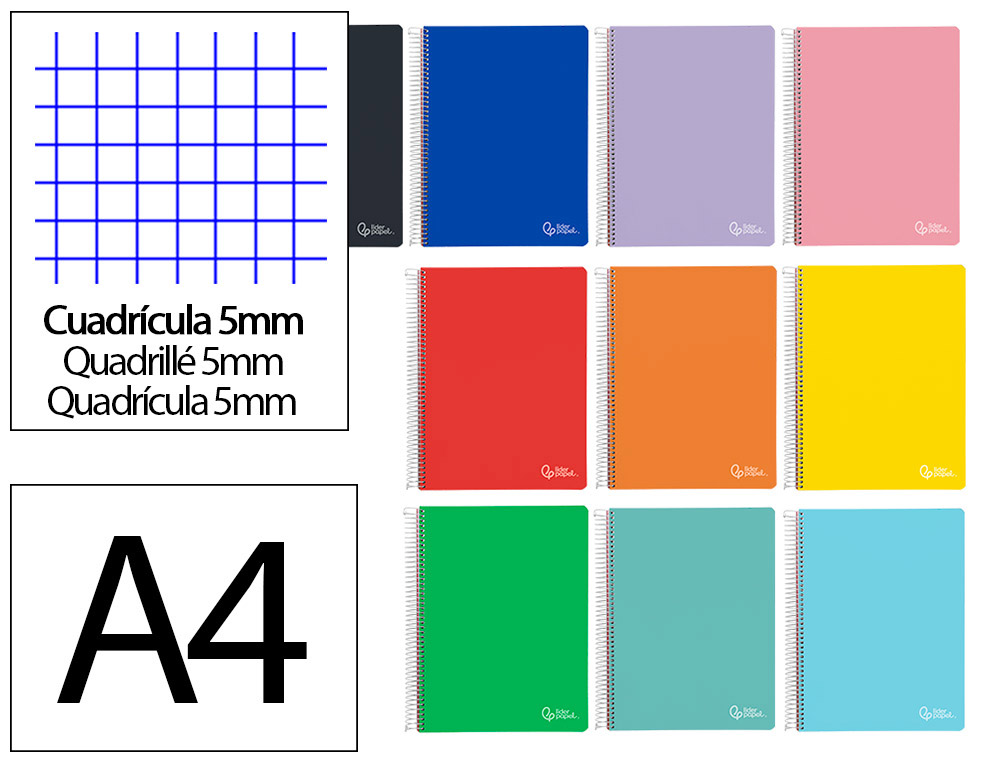 CADERNO ESPIRAL LIDERPAPEL A4 MICRO WITTY CAPA DURA 120 F 90 GR QUADRICULA 5MM 5 BANDAS 4 FUROS CORES SORTIDAS