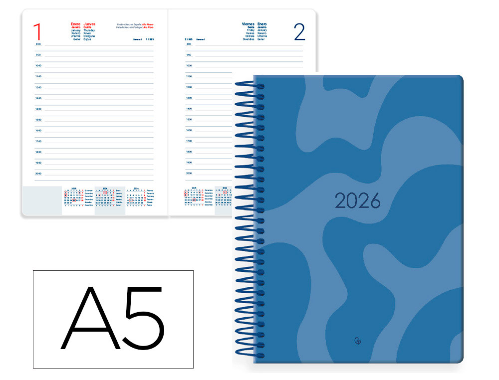 AGENDA ESPIRAL LIDERPAPEL SYROS 15X21 2026 DIA PAGINA AZUL PAPEL 60 GR FSC