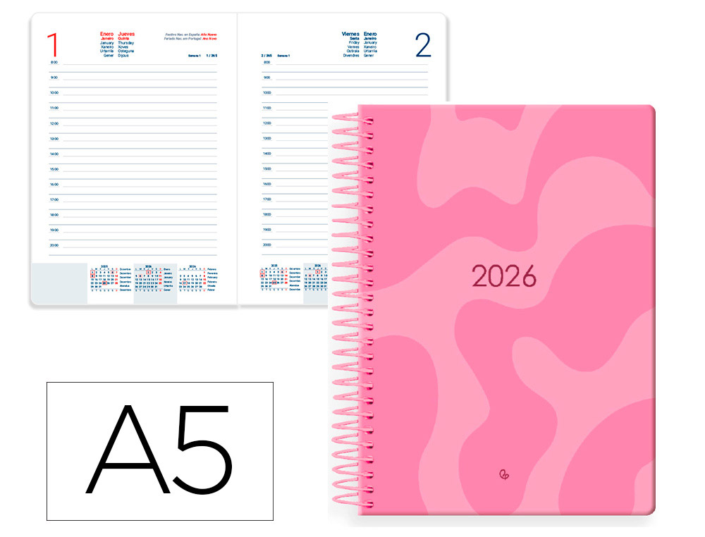 AGENDA ESPIRAL LIDERPAPEL SYROS 15X21 2026 DIA PAGINA ROSA PAPEL 60 GR FSC