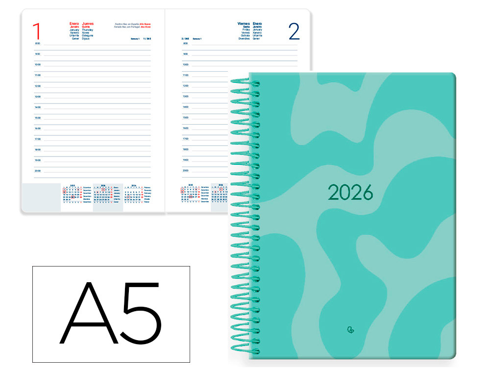 AGENDA ESPIRAL LIDERPAPEL SYROS 15X21 2026 DIA PAGINA TURQUESA PAPEL 60 GR FSC