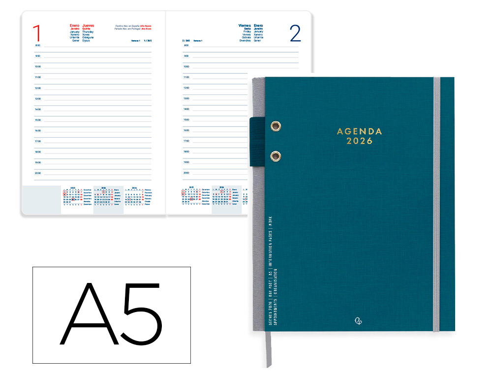 AGENDA ENCADERNADA LIDERPAPEL PAXOS A5 2026 DIA PAGINA AZUL PAPEL 70 GR FSC