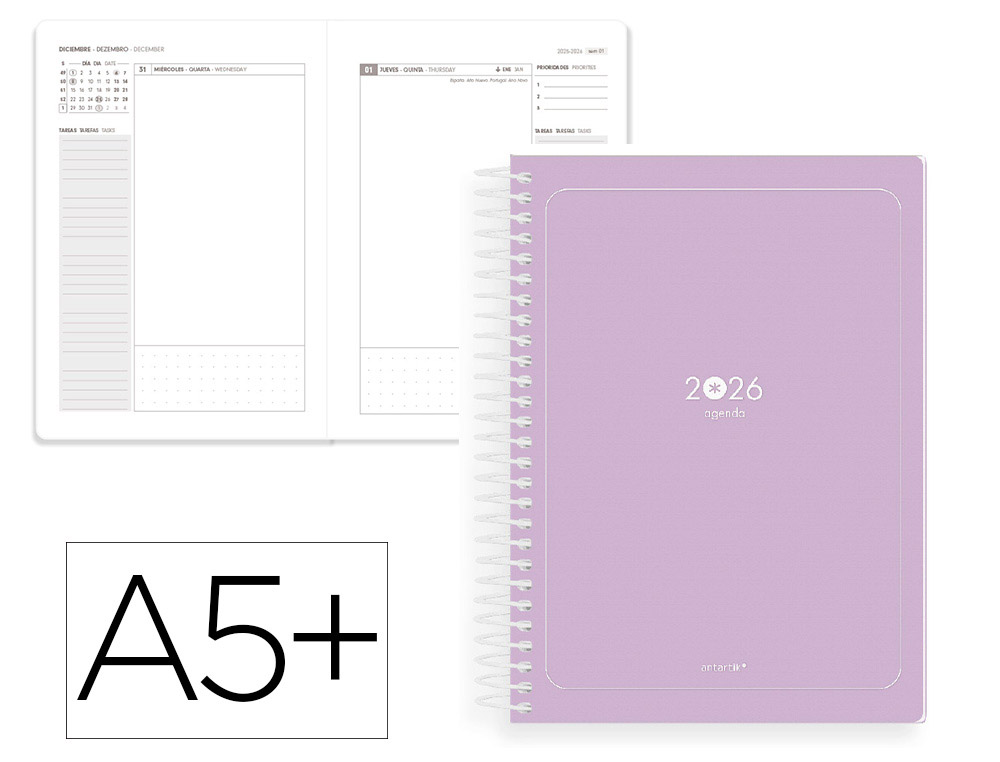 AGENDA ESPIRAL ANTARTIK ESSENTIALS A5+ 2026 DIA PAGINA ROXO PAPEL 80 GR FSC