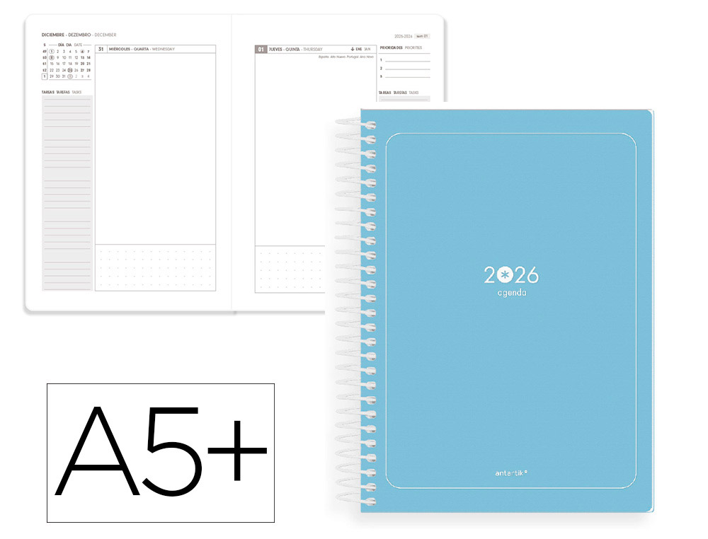 AGENDA ESPIRAL ANTARTIK ESSENTIALS A5+ 2026 DIA PAGINA AZUL CLARO PAPEL 80 GR FSC
