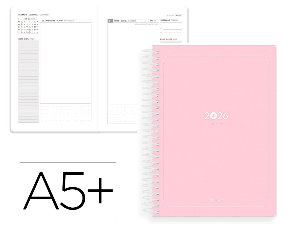 AGENDA ESPIRAL ANTARTIK ESSENTIALS A5+ 2026 DIA PAGINA ROSA PAPEL 80 GR FSC