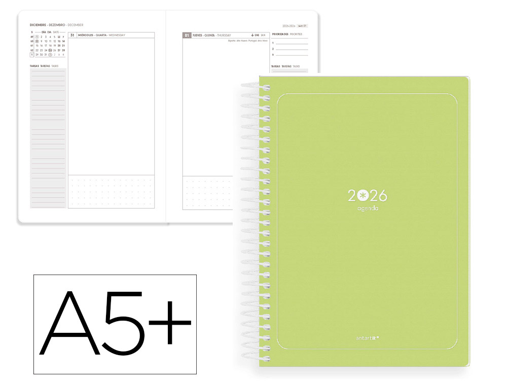 AGENDA ESPIRAL ANTARTIK ESSENTIALS A5+ 2026 DIA PAGINA VERDE PAPEL 80 GR FSC