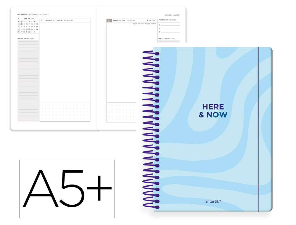 AGENDA ESPIRAL ANTARTIK HERE AND NOW A5+ 2026 DIA PAGINA AZUL CLARO PAPEL 80 GR FSC